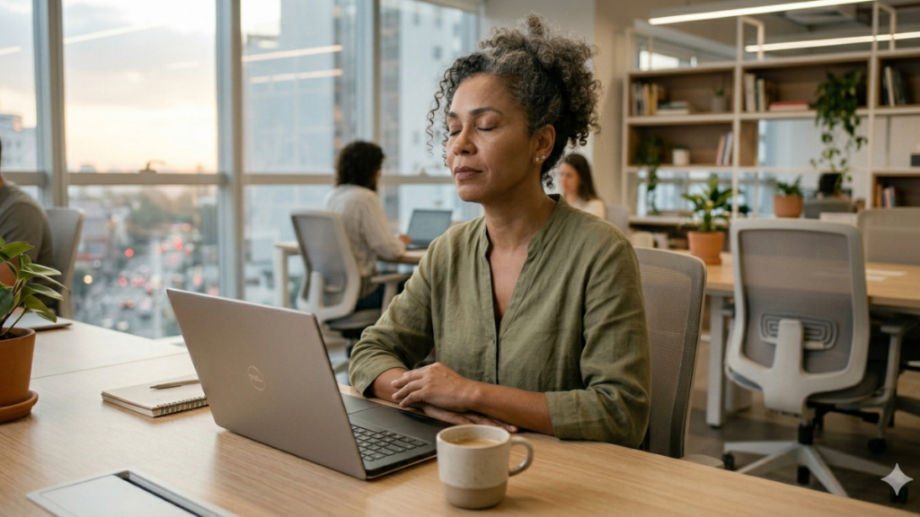 mulher fazendo pausa consciente para reduzir o estresse no trabalho