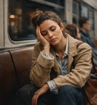 Mulher pensativa olhando pela janela refletindo sobre viver no piloto automático emocional e a desconexão interior da vida cotidiana.