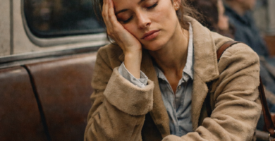 Mulher pensativa olhando pela janela refletindo sobre viver no piloto automático emocional e a desconexão interior da vida cotidiana.