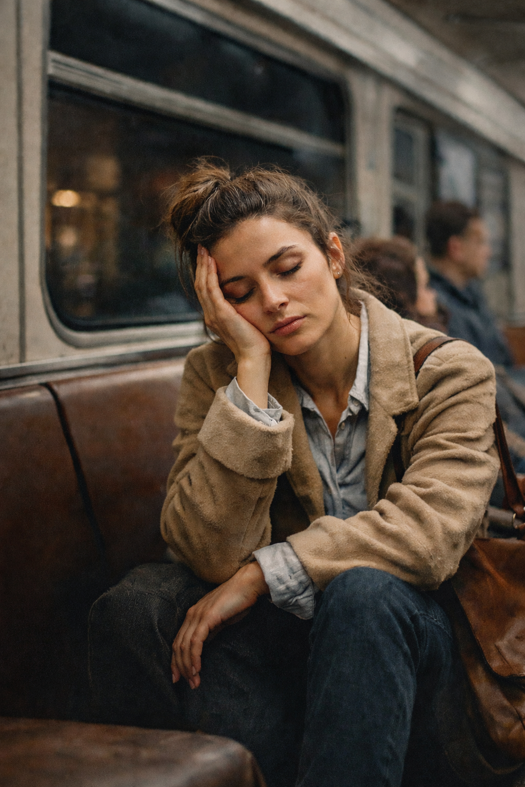 Mulher pensativa olhando pela janela refletindo sobre viver no piloto automático emocional e a desconexão interior da vida cotidiana.