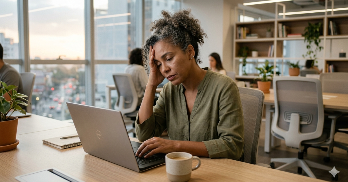 mulher com cansaço mental tentando reduzir o estresse no trabalho