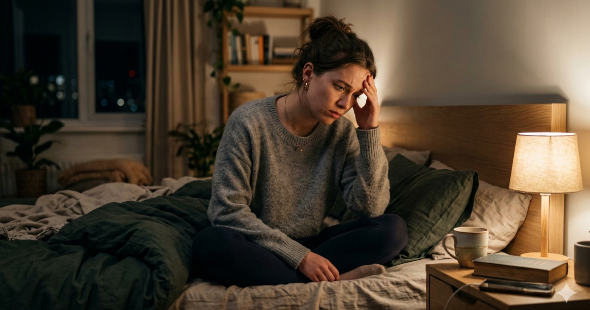 Mulher pensativa à noite representando sinais de ansiedade que passam despercebidos