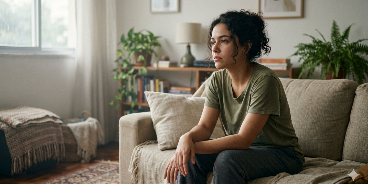 Mulher com sinais de exaustão emocional em casa, demonstrando cansaço mental e emocional no dia a dia