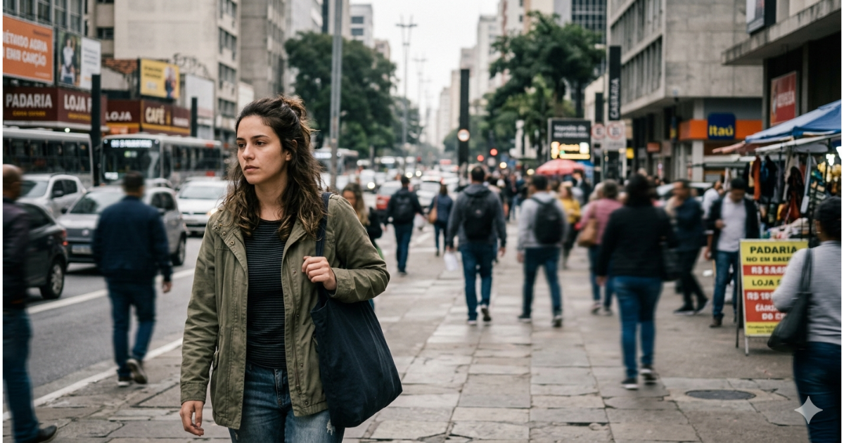 Mulher caminhando distraída na cidade, representando viver no piloto automático e falta de presença