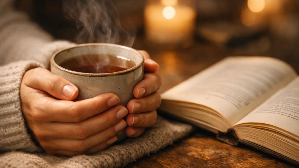 Mãos segurando uma xícara de chá quente ao lado de um livro aberto, simbolizando o autocuidado contra o burnout.
