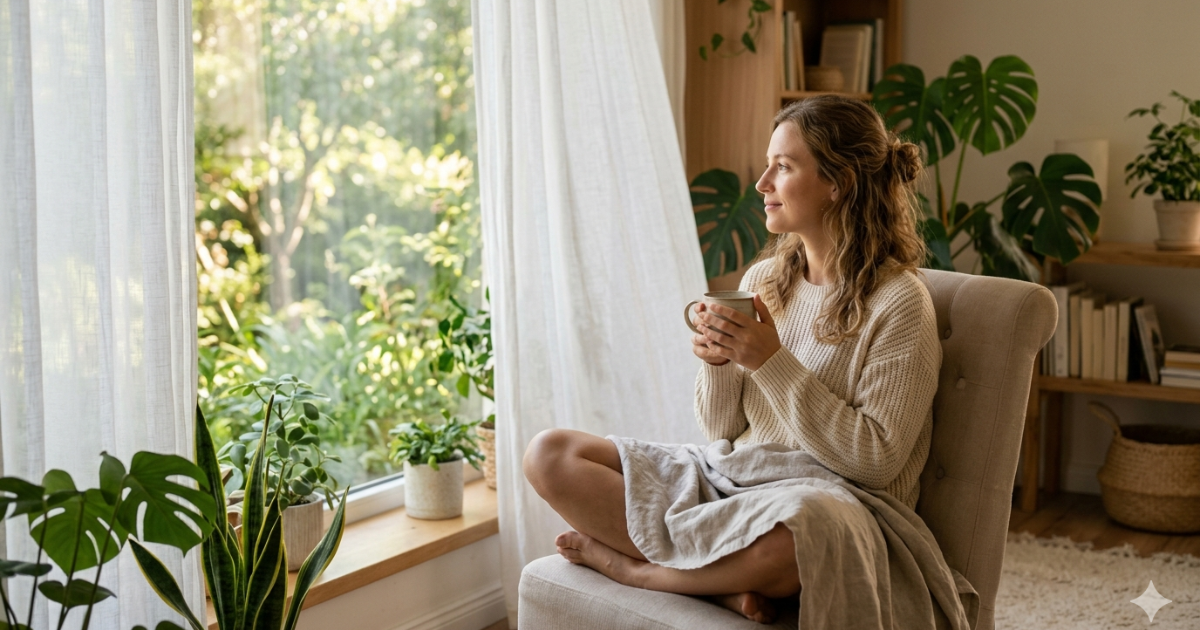 Imagem de bem-estar, equilíbrio emocional e momento de paz em ambiente acolhedor do SementeZen