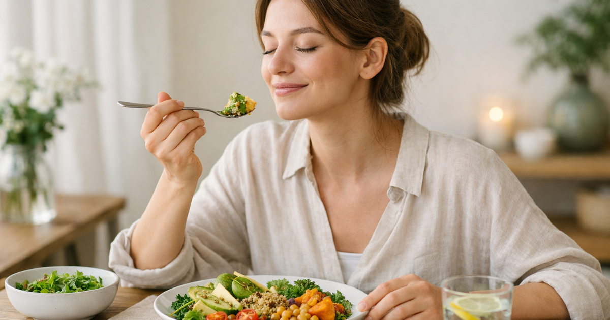Mulher praticando a alimentação consciente ao saborear uma refeição colorida e saudável com atenção plena.
