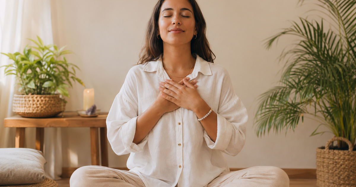 Mulher sentada em posição de meditação com as mãos sobre o coração, praticando a autocompaixão e aceitação.