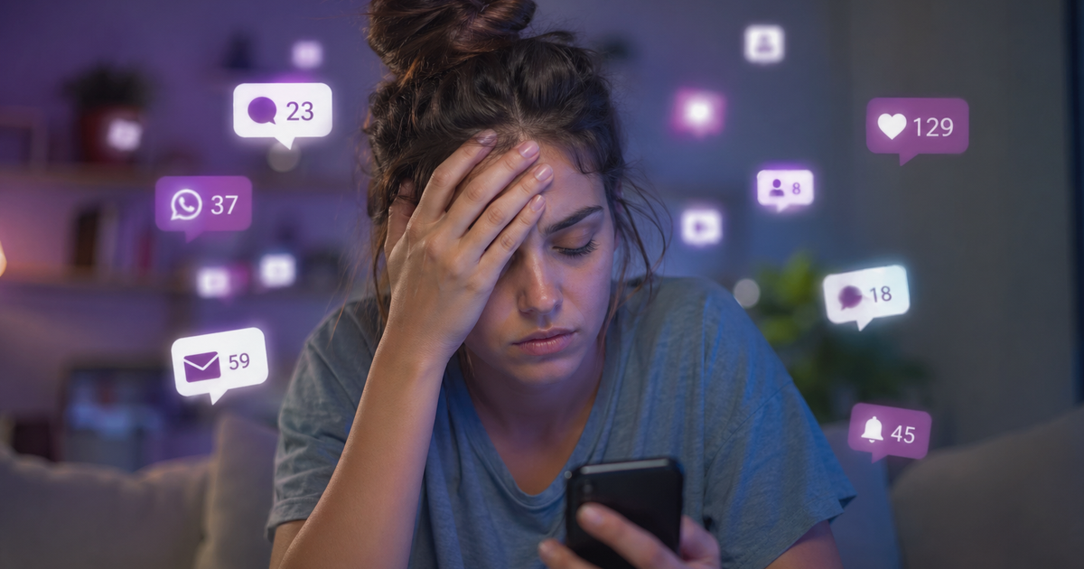 Mulher jovem com expressão de cansaço segurando celular, rodeada por notificações, simbolizando a exaustão digital.