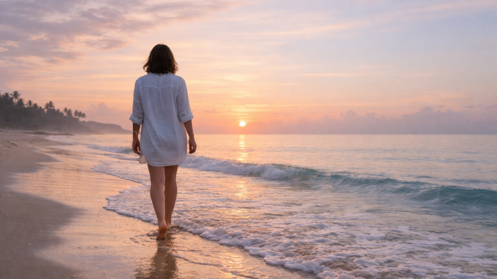 Pessoa caminhando na praia ao amanhecer, representando a recuperação do cansaço mental.