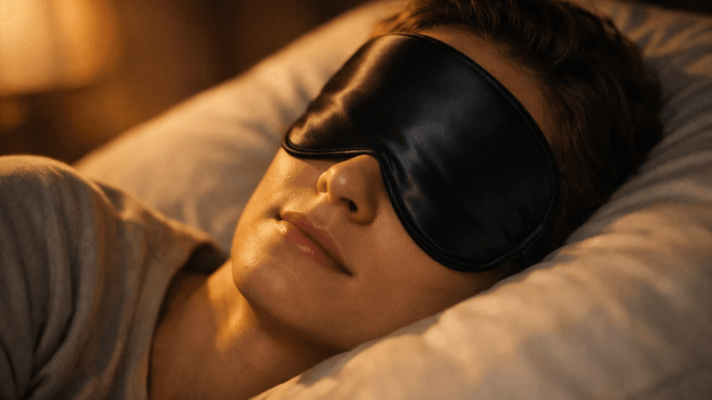 Pessoa usando máscara de dormir de seda preta em um ambiente relaxante, representando o ritual de higiene do sono.
