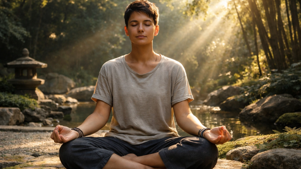 Pessoa meditando em ambiente natural, representando o caminho para viver com equilíbrio e reduzir o estresse.