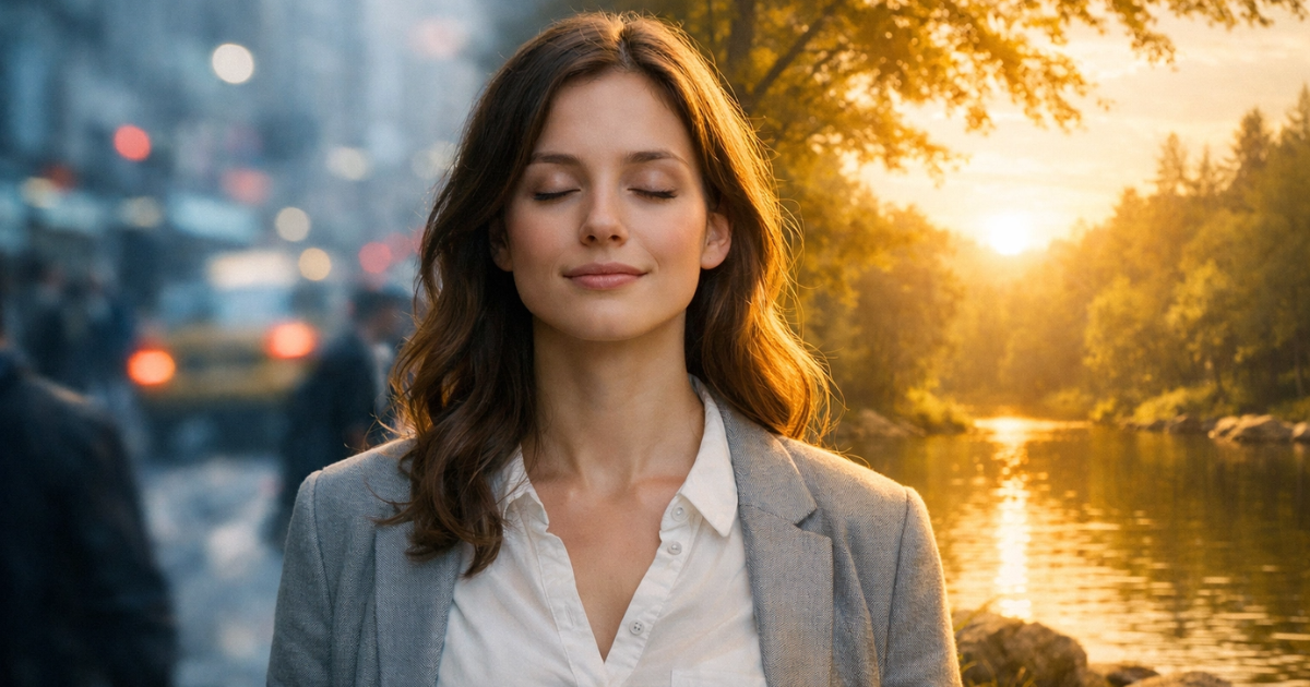 Mulher encontra paz e equilíbrio, simbolizando como viver com equilíbrio na vida moderna..