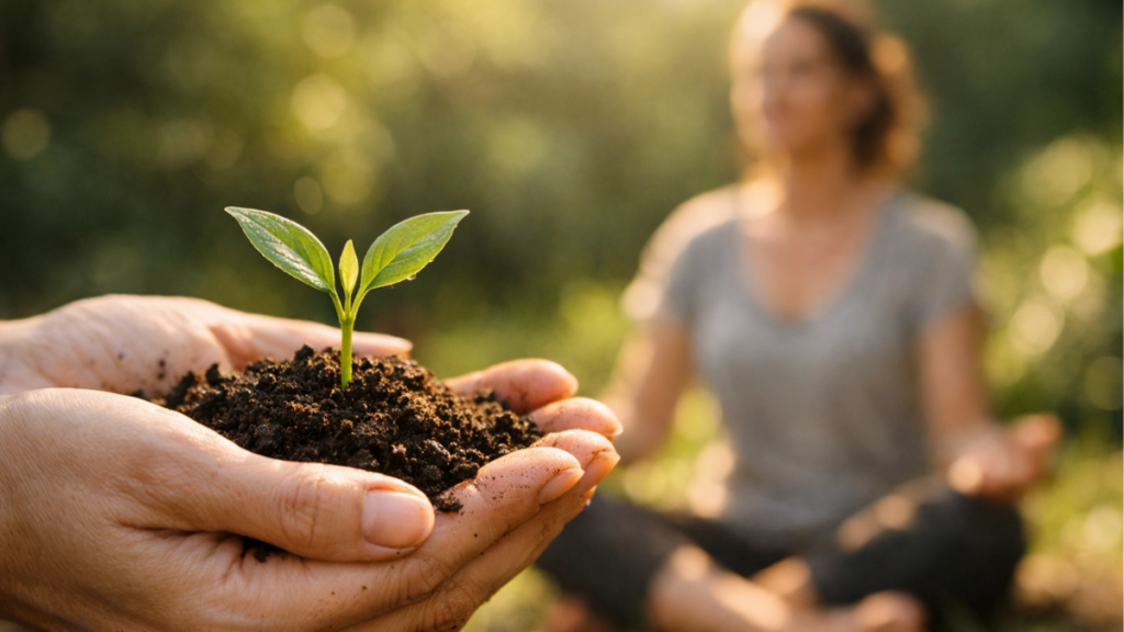 Mãos cultivando planta, simbolizando o crescimento e a plenitude ao viver com equilíbrio.