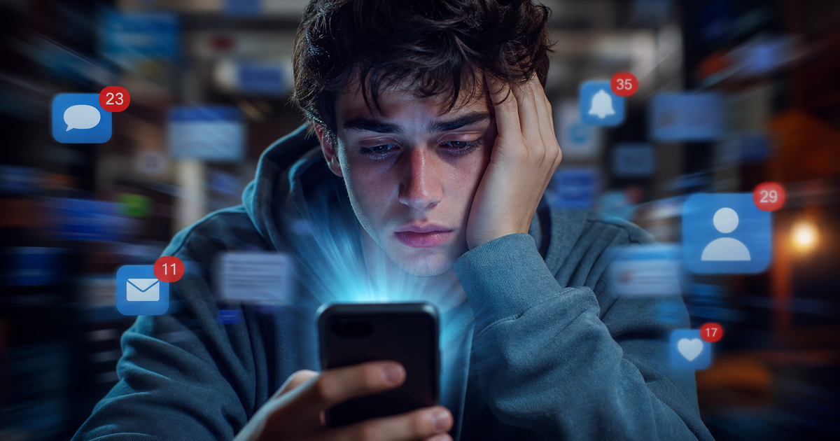 Jovem com expressão de cansaço e sobrecarga, olhando para um smartphone com notificações flutuantes, representando a ansiedade digital.