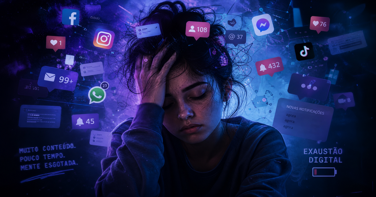 Mulher jovem com expressão de cansaço e sobrecarga mental, rodeada por ícones de redes sociais e notificações, simbolizando a dopamina digital e a exaustão.
