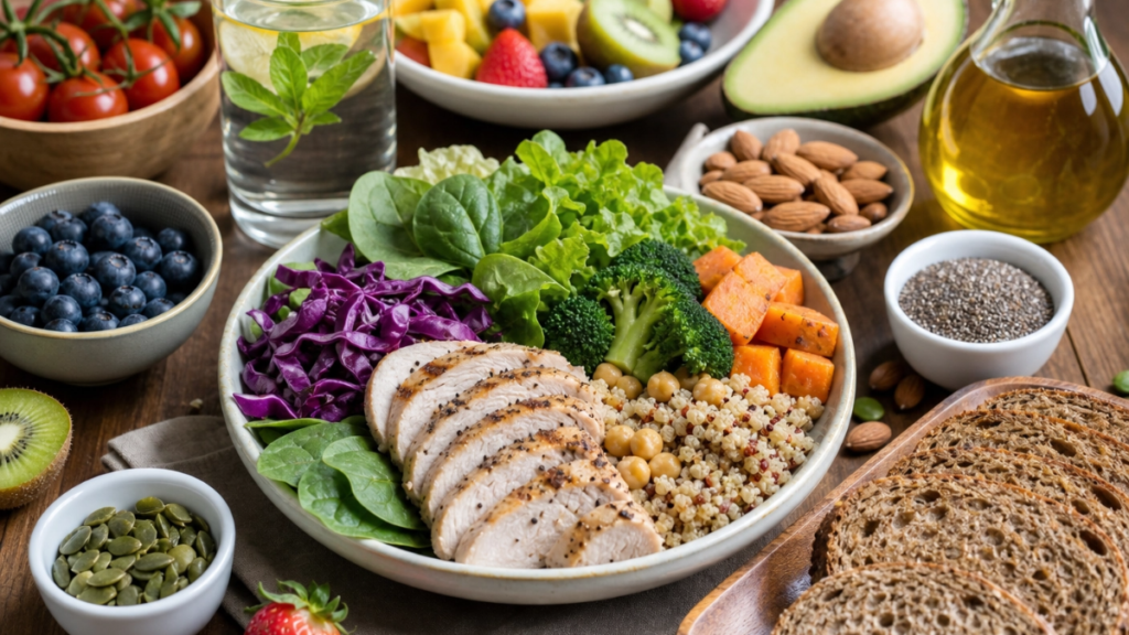 Mesa com tigela de salada colorida, frango grelhado, frutas, nozes e pães integrais, representando uma nutrição consciente para a longevidade ativa.