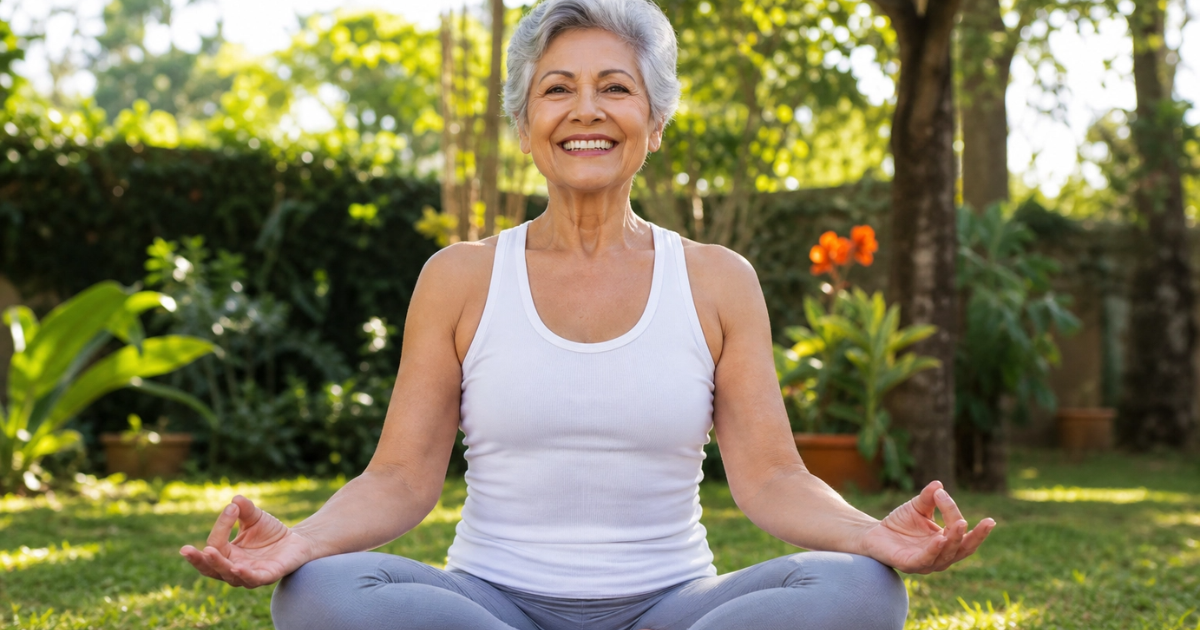 Mulher idosa com sorriso e vitalidade, praticando yoga ao ar livre, simbolizando a longevidade ativa e bem-estar.