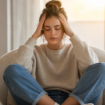 Pessoa sentada com as mãos na cabeça, expressando cansaço mental por overthinking e pensamentos excessivos.