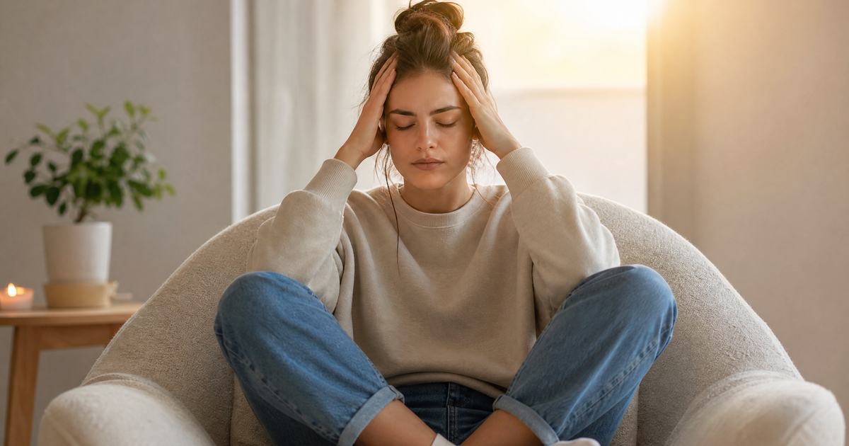 Pessoa sentada com as mãos na cabeça, expressando cansaço mental por overthinking e pensamentos excessivos.