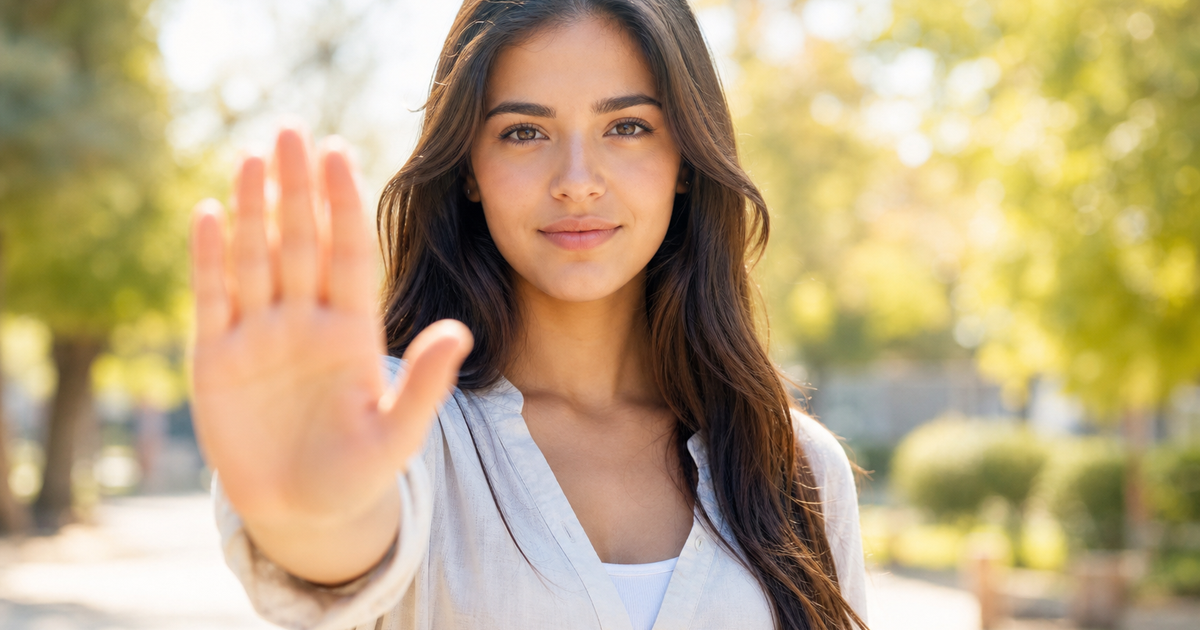 Mulher jovem fazendo um gesto firme de 'parar' com a mão, representando o poder do não e o estabelecimento de limites saudáveis.