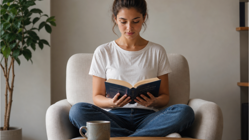 Mulher sentada em ambiente tranquilo, lendo um livro físico com o smartphone virado para baixo na mesa, praticando a desconexão digital.