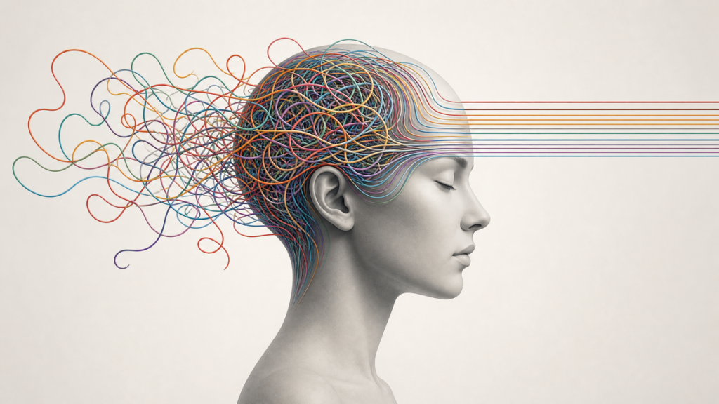 Ilustração de uma mente cheia de fios emaranhados, representando a confusão mental e o overthinking.