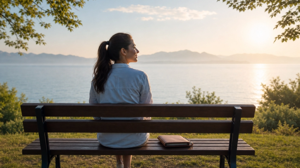 Mulher sentada em um banco de parque observando o horizonte com alívio, simbolizando a liberdade de ter estabelecido limites.
