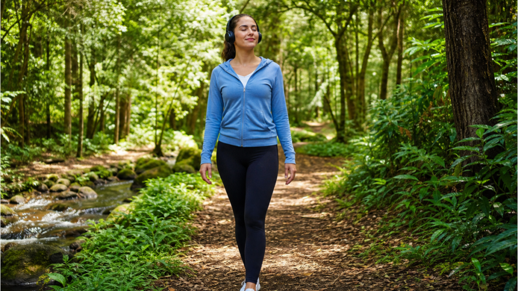 Mulher caminhando em uma trilha na floresta com fones de ouvido, mas sem celular visível, simbolizando o detox digital e a reconexão com a natureza.
