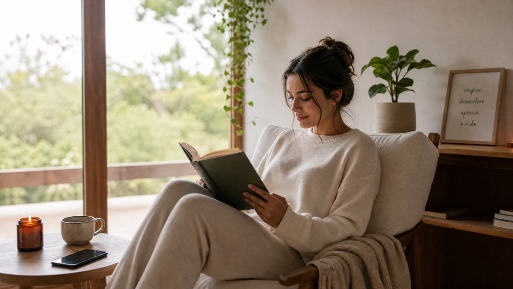 Pessoa lendo um livro físico em um ambiente tranquilo, com um smartphone desligado ao lado, simbolizando o detox dopaminérgico e a desconexão digital.