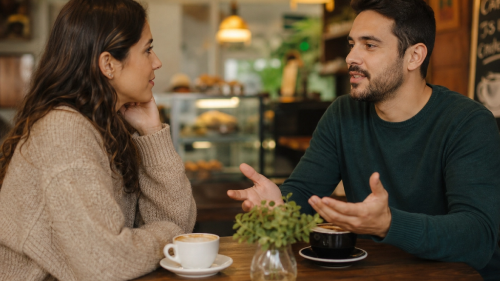 Duas pessoas em uma conversa calma e assertiva em um café, representando a comunicação de limites nos relacionamentos.