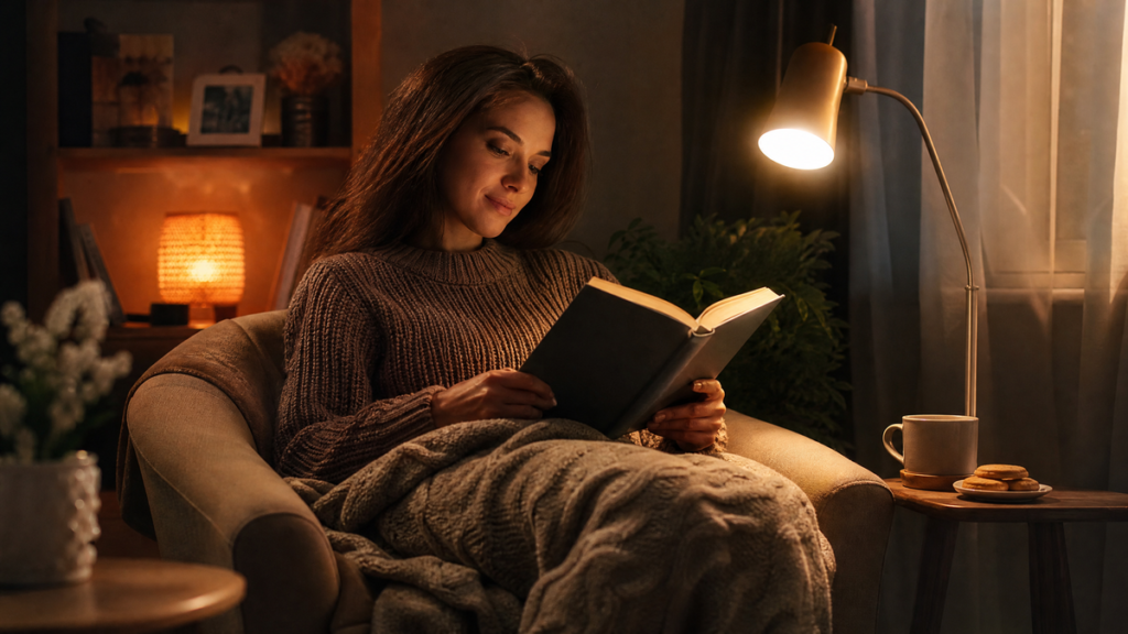 Pessoa relaxada lendo um livro físico à luz de um abajur quente com chá ao lado, praticando a higiene do sono.