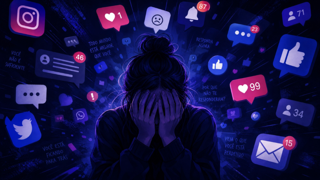 Pessoa com as mãos cobrindo o rosto, cercada por ícones de redes sociais (curtidas, notificações, comentários) que parecem sufocá-la, simbolizando a ansiedade digital e a sobrecarga de estímulos.
