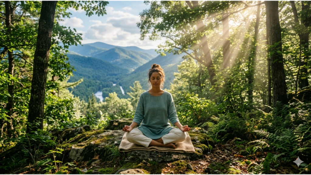 Meditação na natureza, recarga de energia, bem-estar mental.