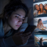 Mulher jovem expressando tristeza ao olhar o celular, ilustrando o impacto da felicidade fake das redes sociais na autoestima.