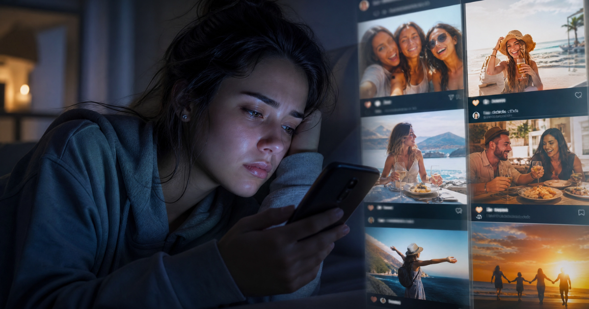 Mulher jovem expressando tristeza ao olhar o celular, ilustrando o impacto da felicidade fake das redes sociais na autoestima.