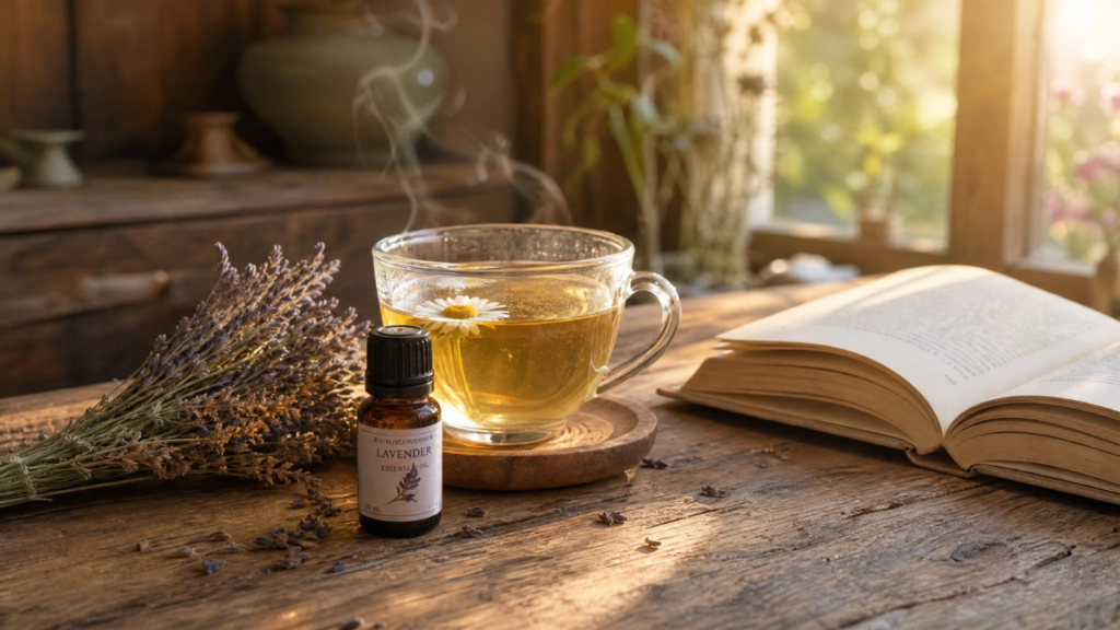 Uma xícara de chá fumegante ao lado de um frasco de óleo essencial e um par de mãos em posição de prece/gratidão, simbolizando formas naturais de baixar o cortisol.