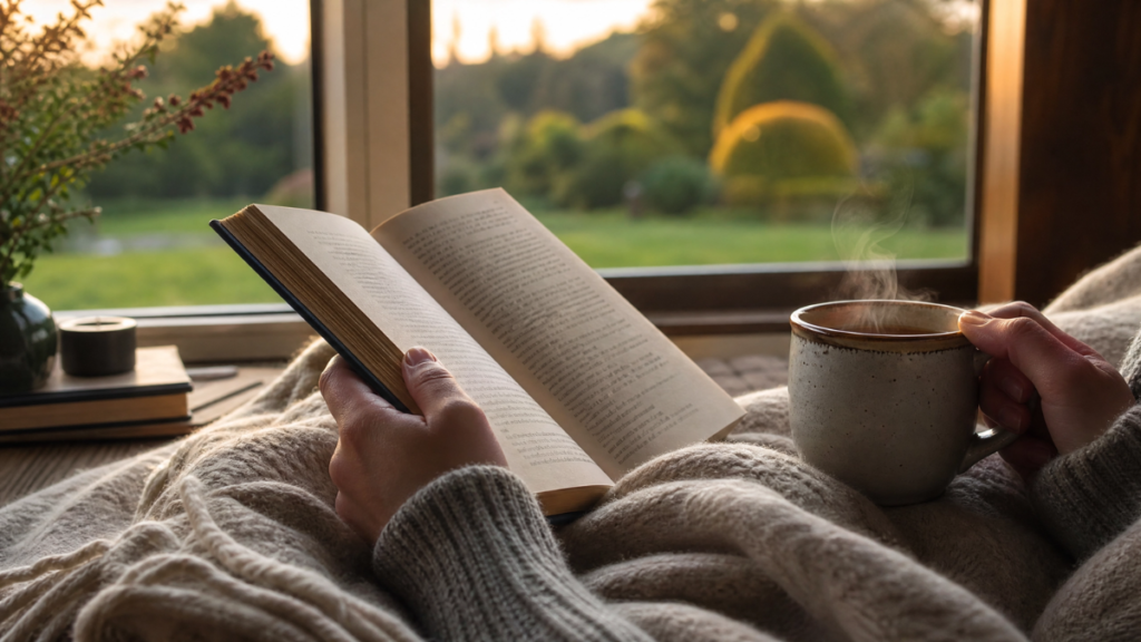 Mãos humanas segurando um livro físico e uma xícara de chá quente, com uma janela ao fundo mostrando a natureza, simbolizando o pilar de contato com o real da higiene mental.