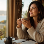 Mulher adulta sentada em um café, olhando para o horizonte com uma expressão de alívio e clareza, segurando uma xícara de chá. Ao fundo, luzes suaves e um ambiente acolhedor, simbolizando a paz do diagnóstico tardio.