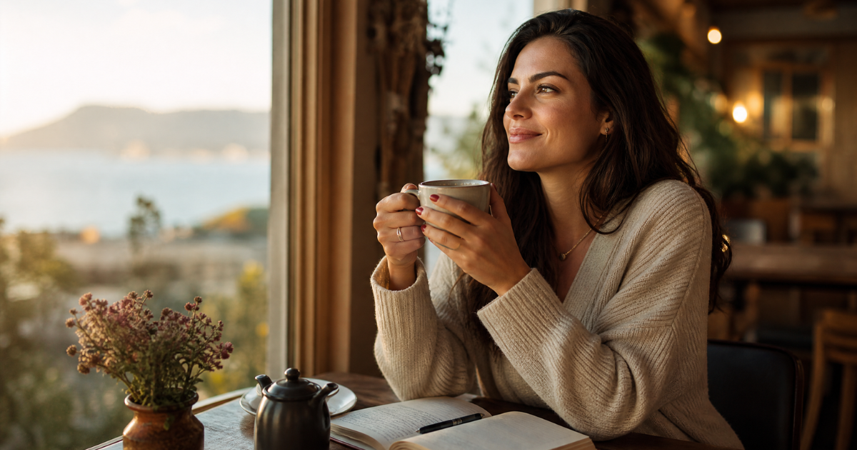 Mulher adulta sentada em um café, olhando para o horizonte com uma expressão de alívio e clareza, segurando uma xícara de chá. Ao fundo, luzes suaves e um ambiente acolhedor, simbolizando a paz do diagnóstico tardio.