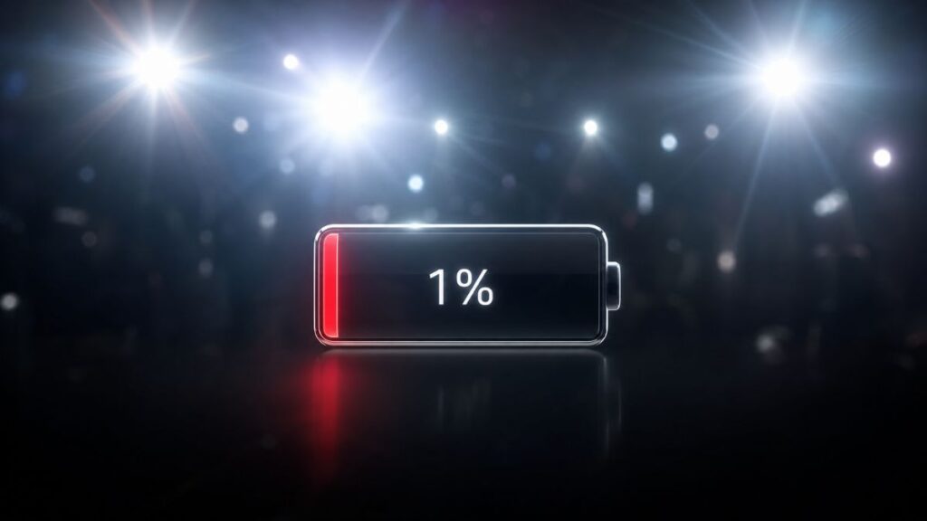 Uma bateria de celular estilizada com apenas 1% de carga, cercada por luzes de palco ofuscantes, representando o esgotamento de Shawn Mendes.