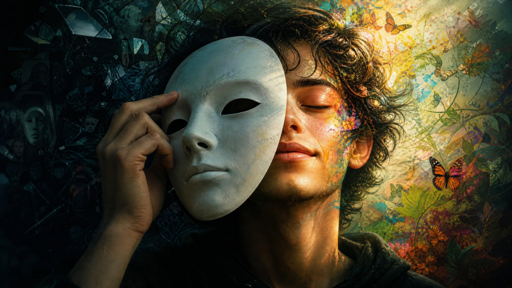 Pessoa retirando uma máscara de teatro de gesso branco para revelar um rosto sereno e autêntico por baixo, simbolizando o fim do masking após o diagnóstico tardio.
