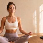 Mulher sentada em posição de meditação em um ambiente minimalista e iluminado por luz natural, com um celular distante e desligado sobre uma mesa, simbolizando a paz da higiene mental.