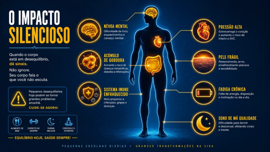 Infográfico estilizado mostrando um corpo humano com pontos de alerta nos 12 principais sintomas do cortisol alto, como abdômen, cérebro e coração.