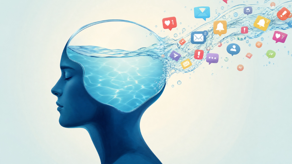 Ilustração artística de um cérebro sendo "limpo" por ondas de água cristalina, removendo ícones flutuantes de notificações, redes sociais e e-mails, representando a higiene mental.