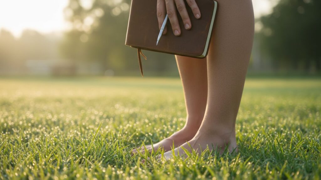 essoa caminhando descalça na grama verde ao amanhecer, segurando um diário, simbolizando o aterramento e a recuperação da saúde mental.