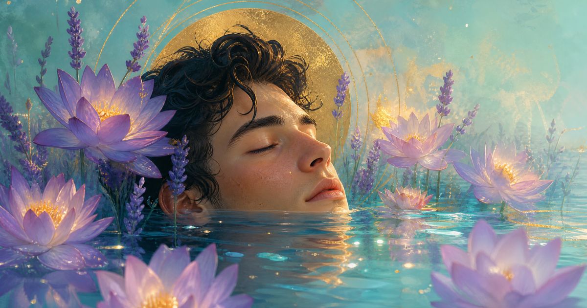 Ilustração artística de Shawn Mendes com flores e água, simbolizando a jornada de Shawn Mendes Saúde Mental e a busca pela cura da exaustão.