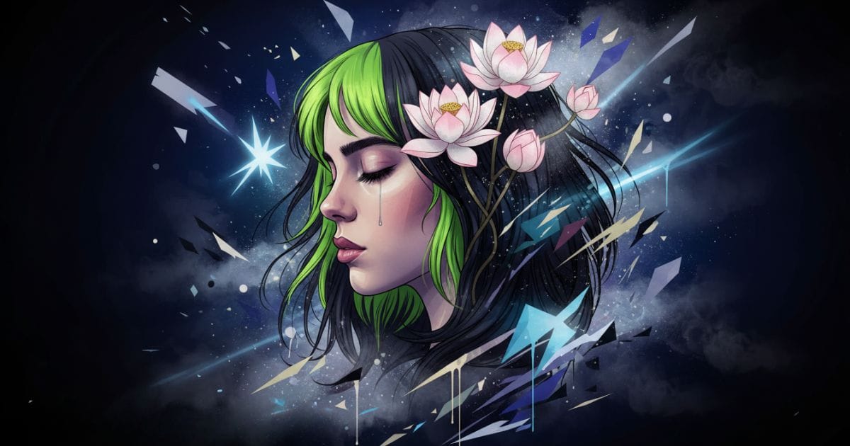 Ilustração artística de perfil inspirado em Billie Eilish e Saúde Mental, com elementos que simbolizam a superação da ansiedade e pressão.