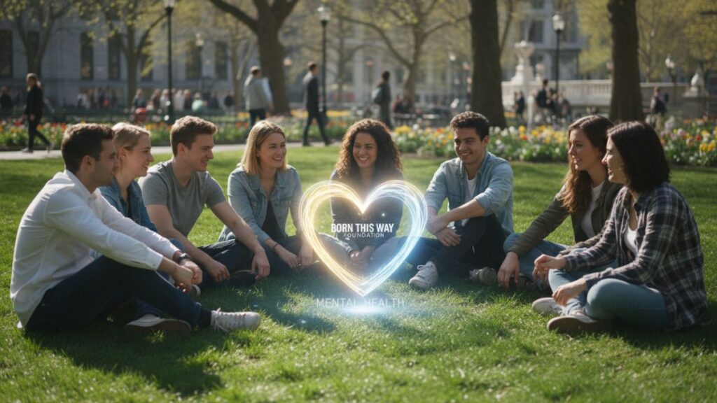 Grupo de jovens em um parque simbolizando a comunidade e o suporte da Born This Way Foundation para Lady Gaga e Saúde Mental.