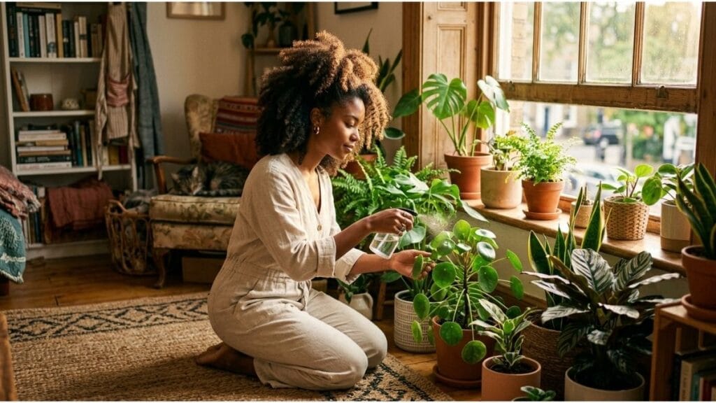 Mulher jovem cuidando carinhosamente de plantas em um ambiente iluminado pela luz do sol, simbolizando a prática de ancoramento e o bem-estar emocional.